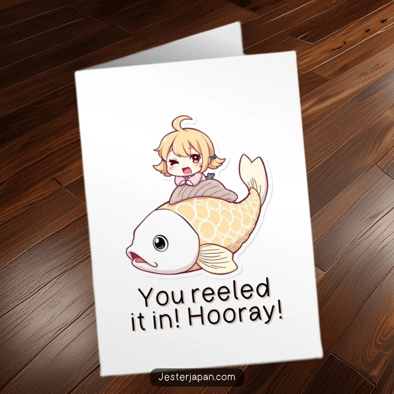 Funny Free Printable Congratulations Card: Character giving a mischievous wink, riding a giant koi fish, celebrating success.