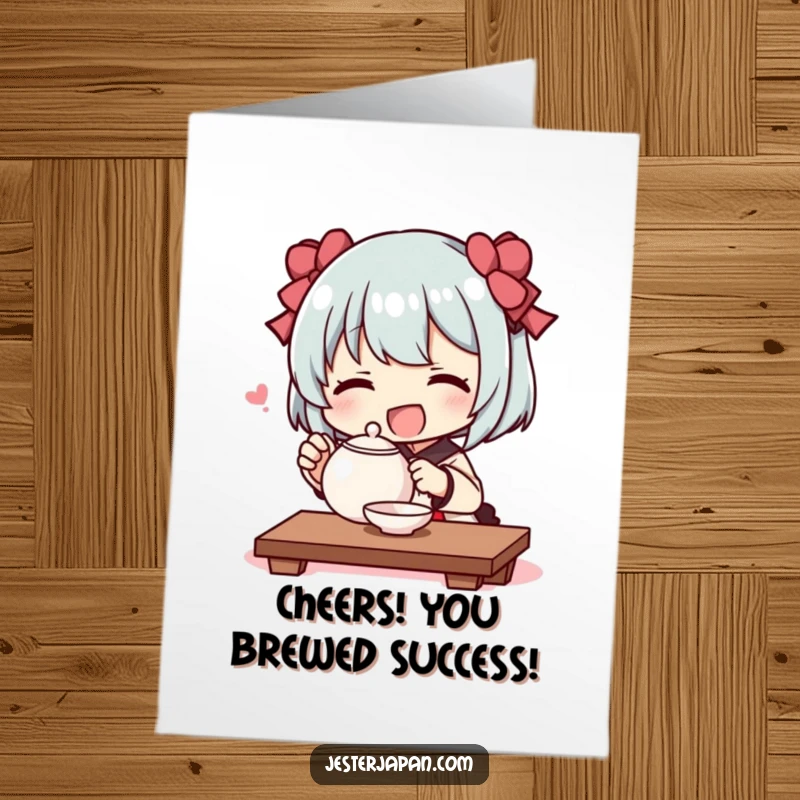 Funny Free Printable Congratulations Card: Character joyfully conducting a mock tea ceremony with a tiny teapot, radiating peaceful happiness.
