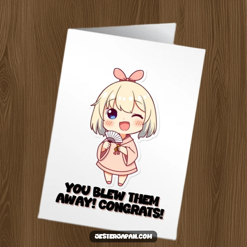 Funny Free Printable Congratulations Card: Character enthusiastically waving a small paper fan, conveying excitement and celebration.