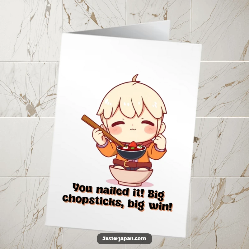 Funny Free Printable Congratulations Card: Character hilariously failing to use enormous chopsticks, a comical celebration.