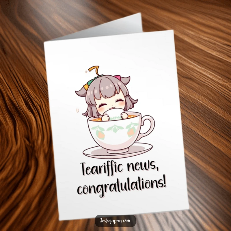 Funny Free Printable Congratulations Card with a character energetically sipping a large teacup, symbolizing a big, bubbly success.