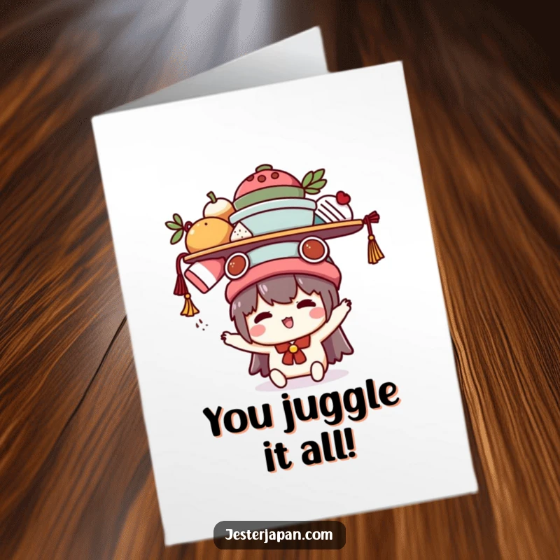 Funny Free Printable Congratulations Card showing a cute Kawaii character attempting to balance an assortment of objects on its head.