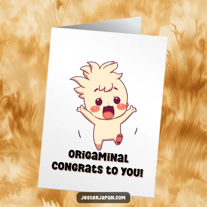 Funny Free Printable Congratulations Card: Character comically recoiling from a magically appearing origami crane, a delightful surprise.