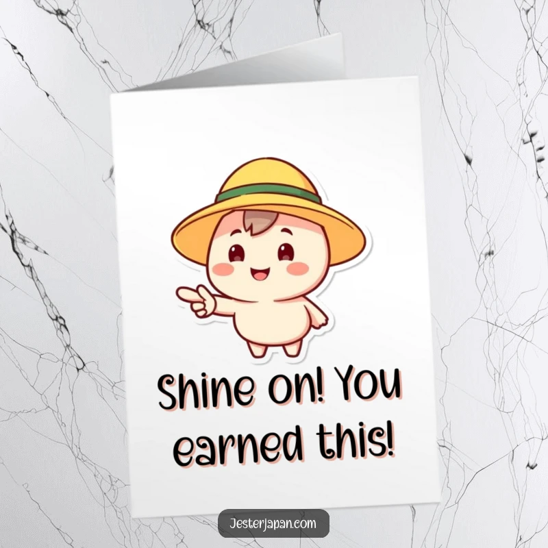 Funny Free Printable Congratulations Card: Sunny character wearing a sun hat points forward, celebrating achievements with a smile.