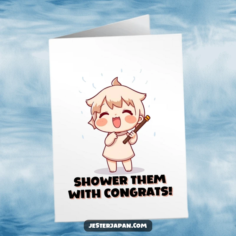 Free Printable Congratulations Card: Character shaking a large rain stick, sending a delightful downpour.