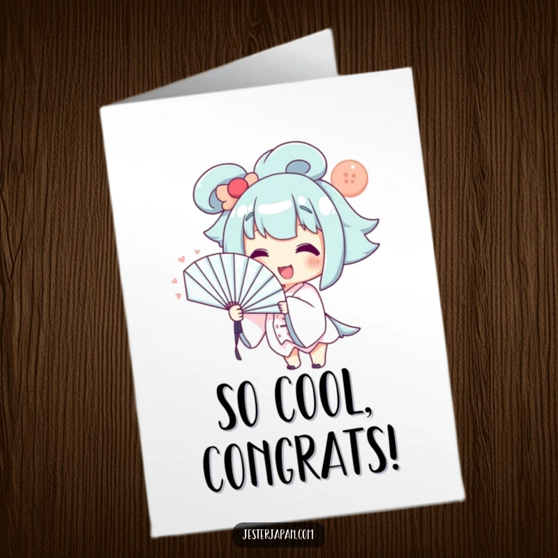 Funny Free Printable Congratulations Card: A smiling character dramatically fans themselves with a large, elegant fan.