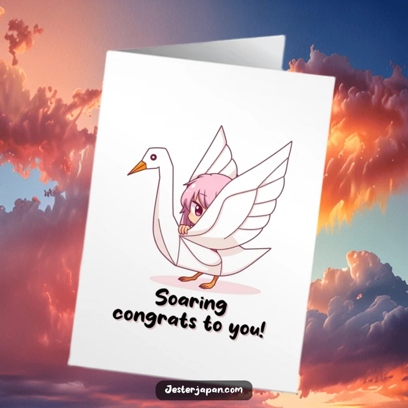 Free Printable Congratulations Card: Character peeks playfully from behind a large, intricately folded origami crane.