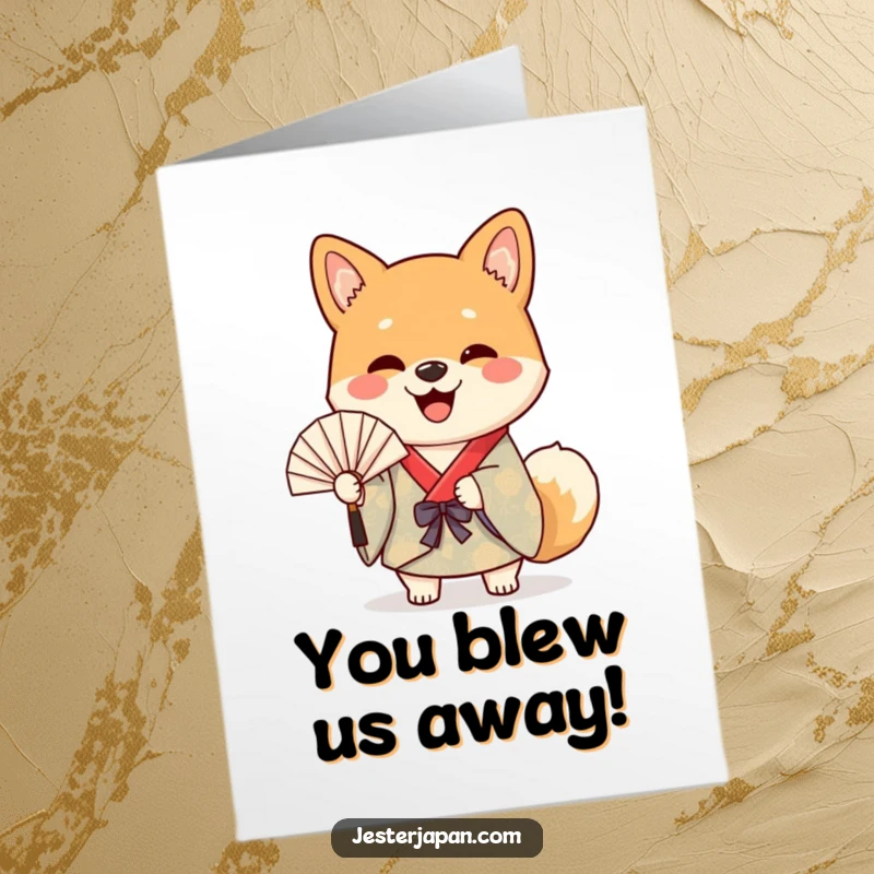 Funny free printable congratulations card showing a cheerful Shiba dog in a kimono waving a paper fan, celebrating a big win.
