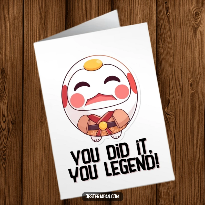 Funny Free Printable Congrats Card: A resolute Daruma doll in a small kimono, embodying achievement.