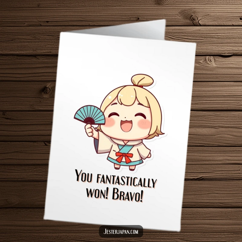 Funny Free Printable Congrats Card: Cute character with a wide grin excitedly waves a small Japanese fan, celebrating success.