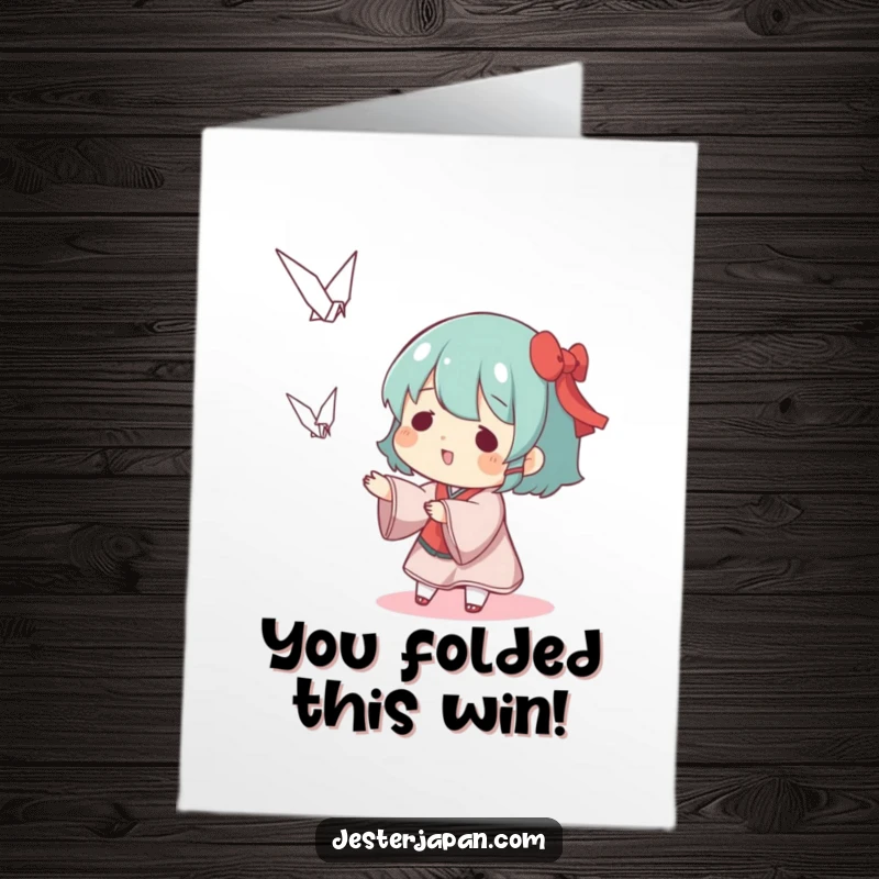 Funny free printable congratulations card showing a character playfully tossing a tiny origami crane. Delightful and unique way to celebrate.