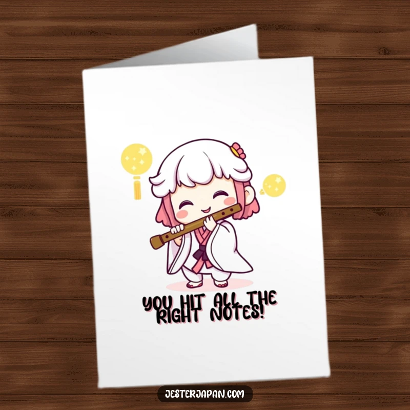 Funny Free Printable congratulations card showing a happy Kawaii character playing a traditional flute, a tune of success.