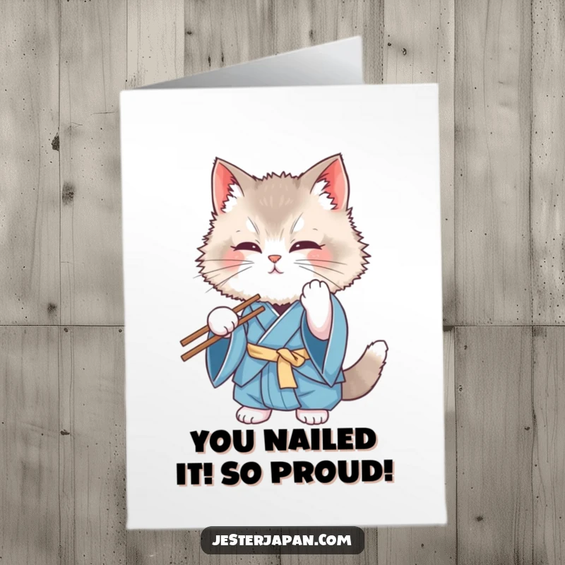 Funny Free Printable Congratulations Card: A fluffy cat in a blue kimono hilariously fails to use chopsticks, perfect for any celebration.