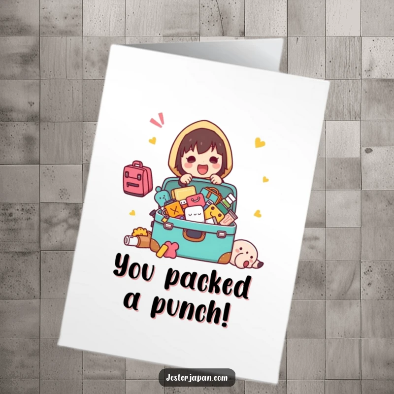 Funny Free Printable Congratulations Card: A Kawaii character excitedly packs a messy suitcase, items tumbling out. A downloadable card to print at home.