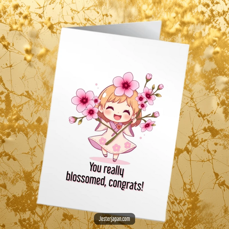 Funny Free Printable Congratulations Card: A joyful character spinning with a lush bouquet of cherry blossoms, celebrating.