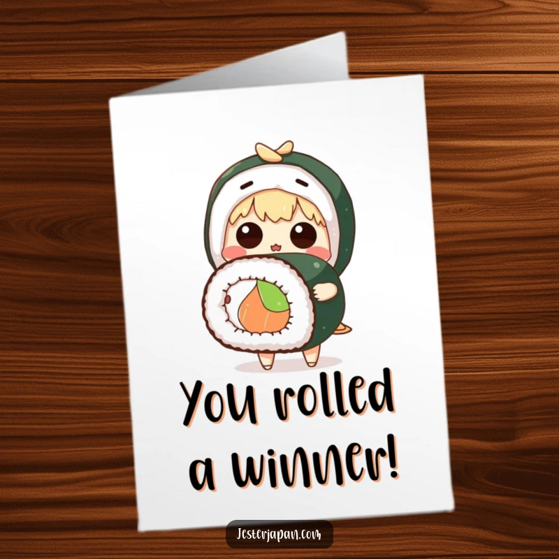 Funny Free Printable Congratulations Card: Character looks stunned holding a huge sushi roll, perfect for any big win.