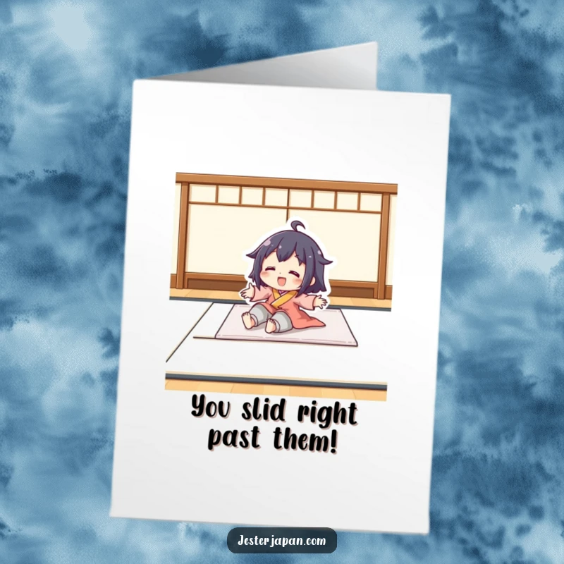 Funny Free Printable Congratulations Card: A character glides smoothly on a tatami mat, signifying an easy path to success. Clever congrats.