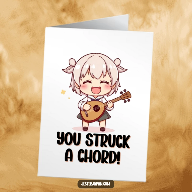 Funny Free Printable Congratulations Card: Smiling character playing a small shamisen with energetic, exaggerated movements, celebrating success.