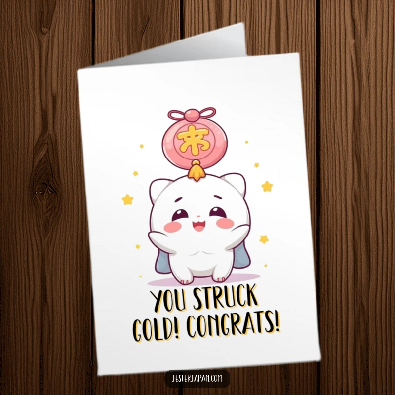 Funny free printable congratulations card: Delighted character celebrating with a giant lucky charm.