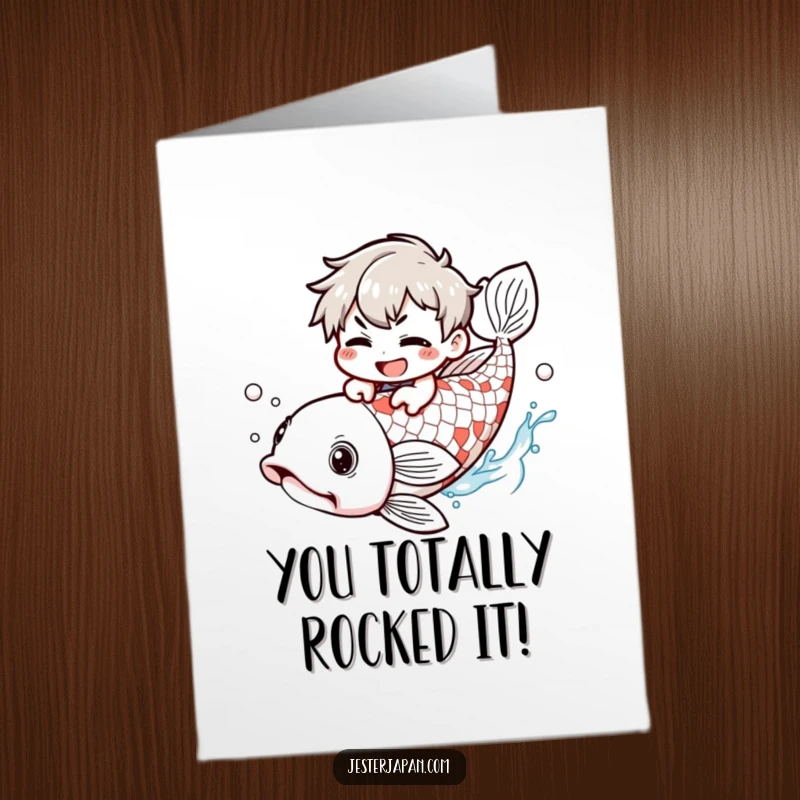 Funny Free Printable Congratulations Card: A cute character grins mischievously while riding a huge, flowing koi fish.
