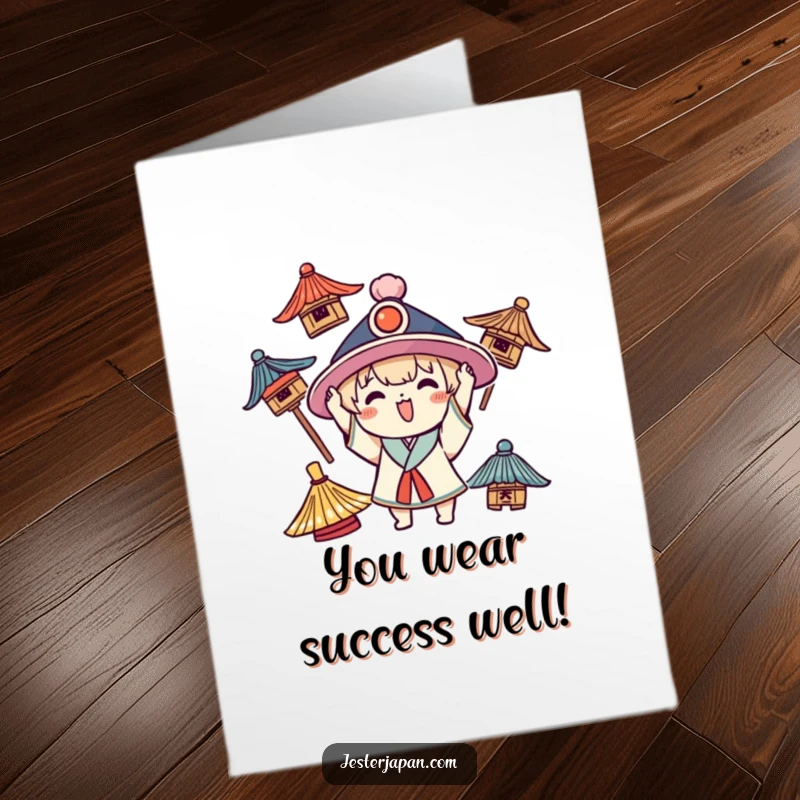 Funny Free Printable Congratulations Card featuring a Kawaii character enthusiastically trying on various traditional hats.