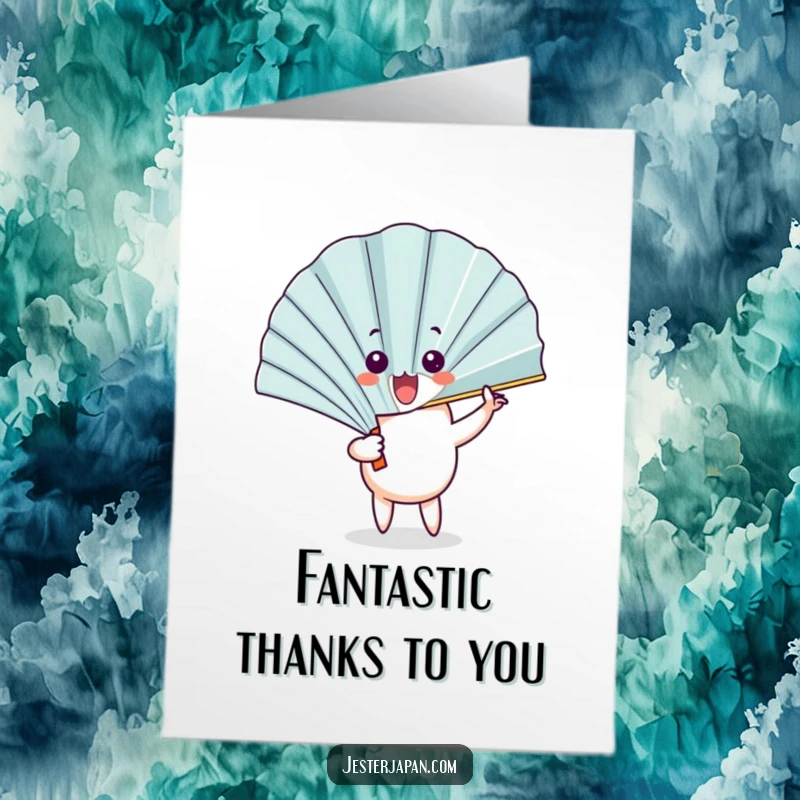 Funny Free Printable Thank You Card with a happy fan character dramatically unfurling to reveal a comically surprised expression, adding humor.