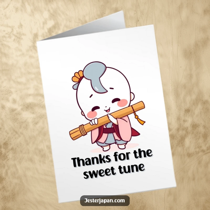 Funny Free Printable Thank You Card with a smiling Kawaii character playing a traditional Japanese flute.