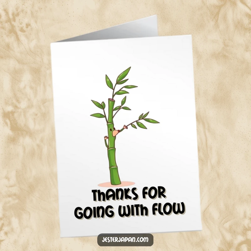 Funny Free Printable Thank You Card with a bamboo stalk character bending gracefully in a breeze, a peaceful way to express thanks.