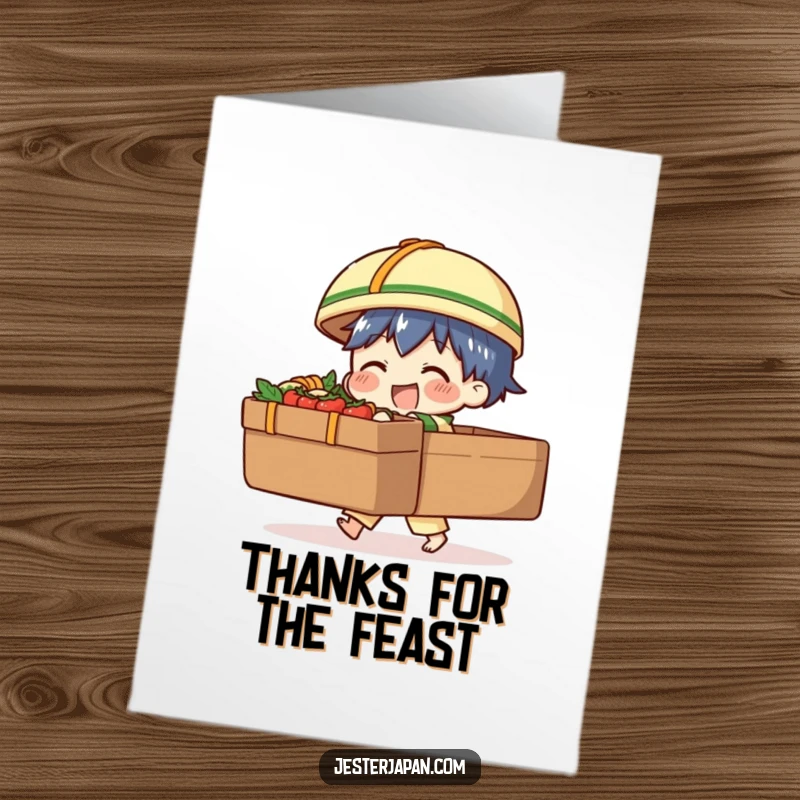 Funny Free Printable Thank You Card: Character comically struggling under the weight of a giant bento box, conveying thanks.