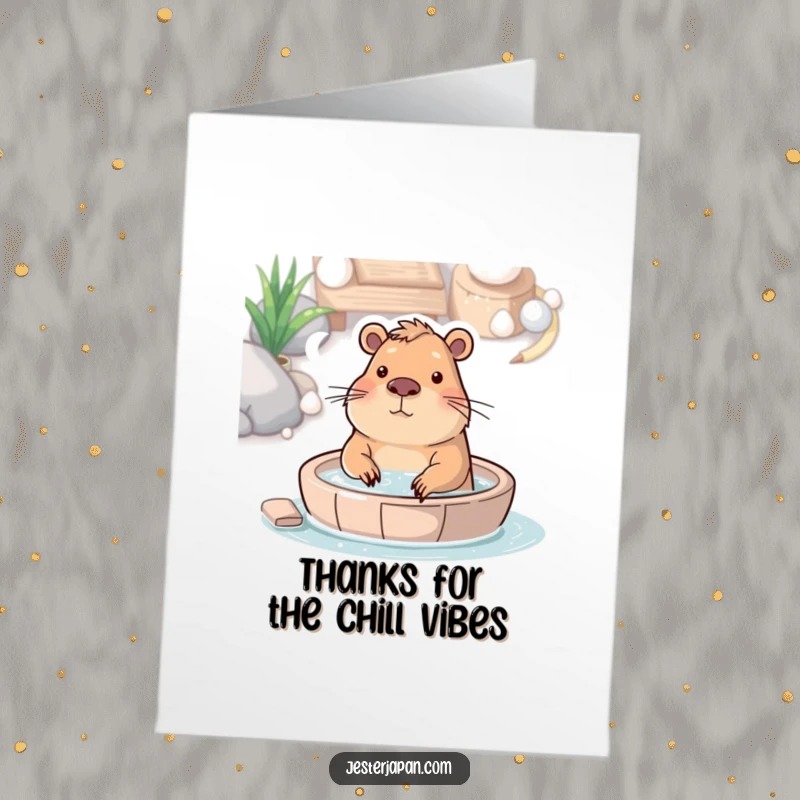 Funny Free Printable Thank You Card: A content capybara relaxing in a hot spring, conveying deep gratitude with peaceful warmth.
