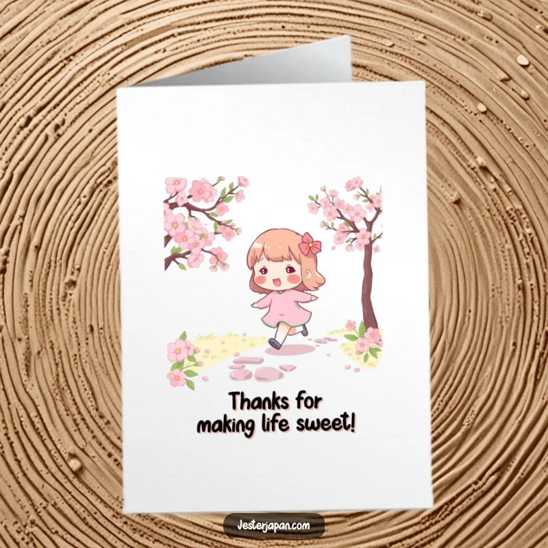 Funny Free Printable Thank You Card: Character with rosy cheeks skips along a cherry blossom path, expressing thanks.