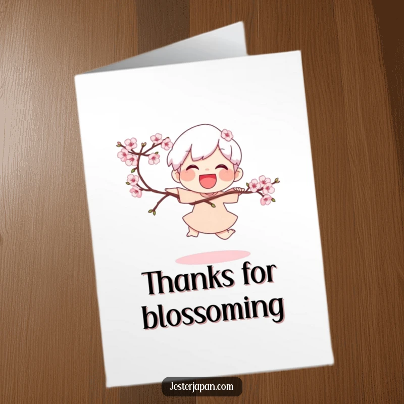 Free Printable Thank You Card: Character hops with happiness, holding a blooming cherry branch, conveying warm gratitude.