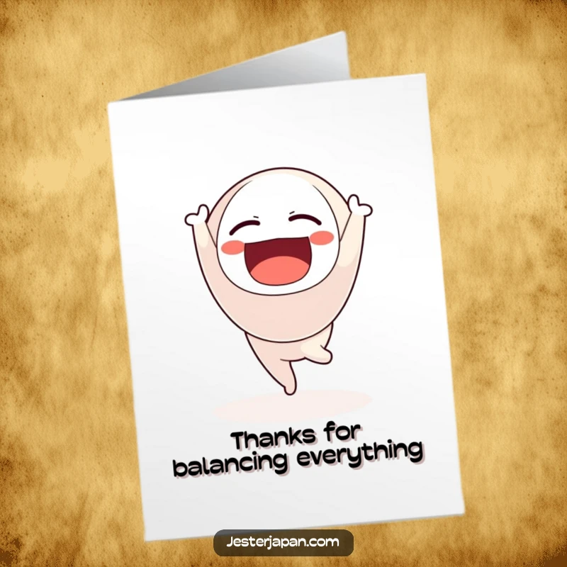 Funny Free Printable thank you card of a floating Daruma doll in a cheerful handstand, a balanced way to say thank you.