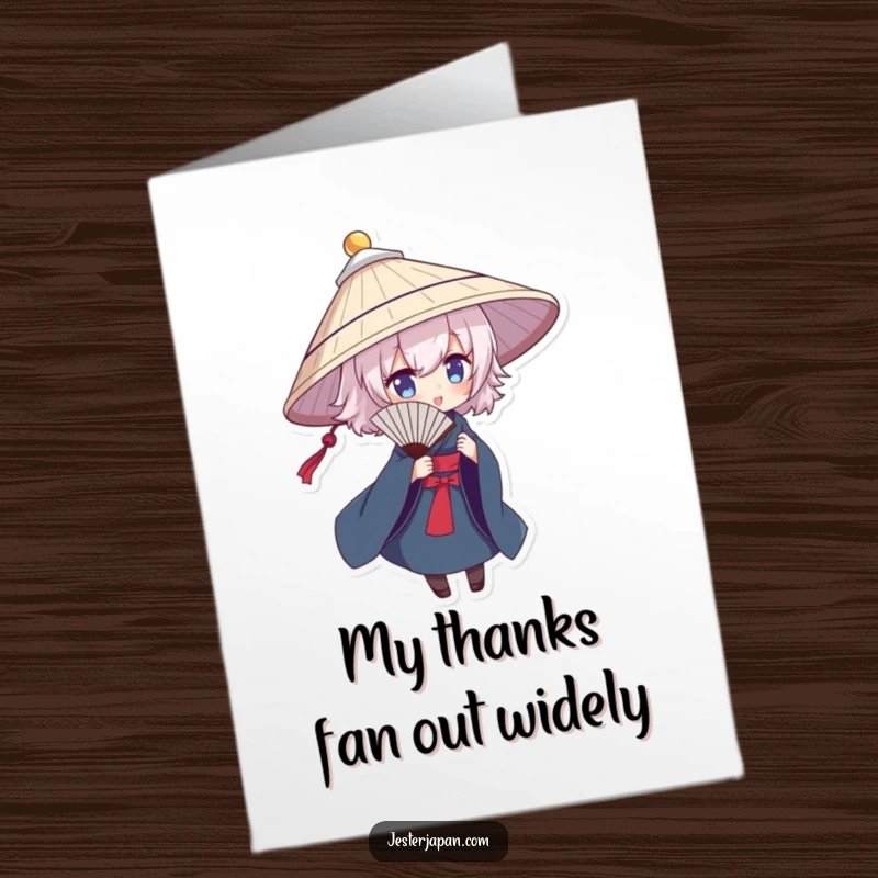 Funny Free Printable Thank You Card: Character in a traditional hat poses dramatically with a fan, giving thanks.
