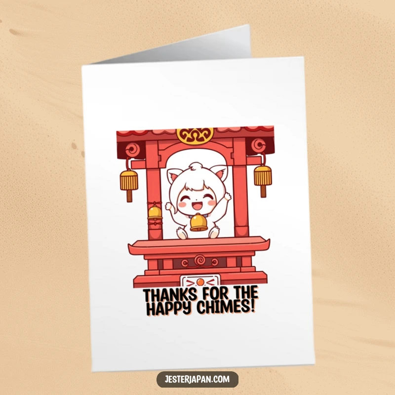 Funny Free Printable Thank You Card: Happy character joyfully ringing a tiny temple bell to express heartfelt thanks with glee.