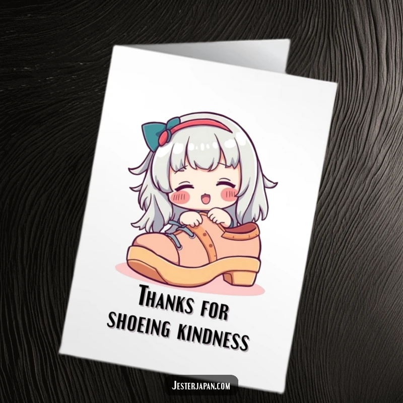 Funny Free Printable Thank You Card: Character with rosy cheeks playfully fits into a massive geta shoe, saying thanks.
