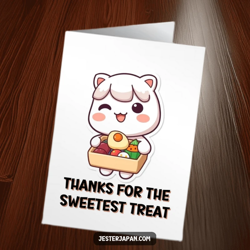 Funny Free Printable Thank You Card: Sweet Kawaii character with bento box, offering food, expressing thanks.