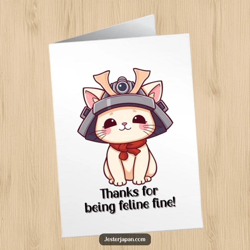 Funny Free Printable Thank You Card: A kawaii cat in a tiny samurai helmet playfully shows gratitude with a cute pose.