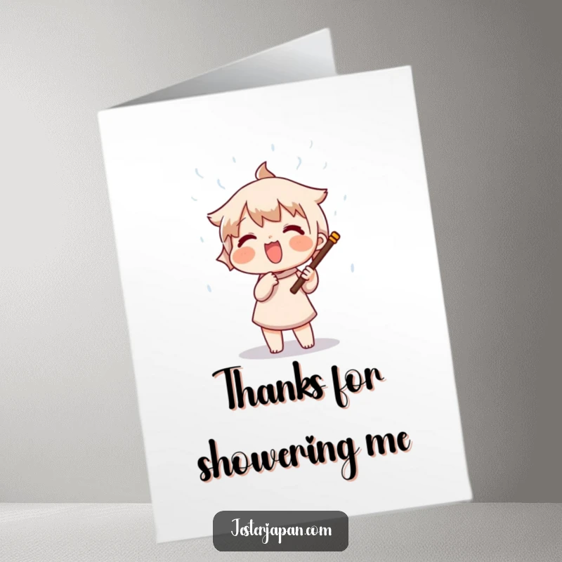 Free Printable Thank You Card: Character shaking a rain stick, creating a gentle cascade of colorful beads.
