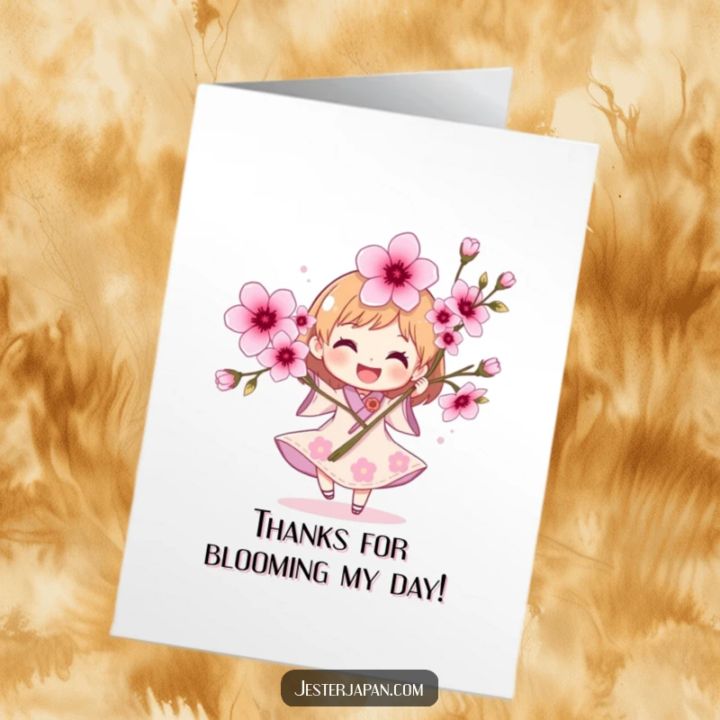Funny Free Printable Thank You Card: Joyful character spinning gracefully with a bouquet of delicate cherry blossoms.