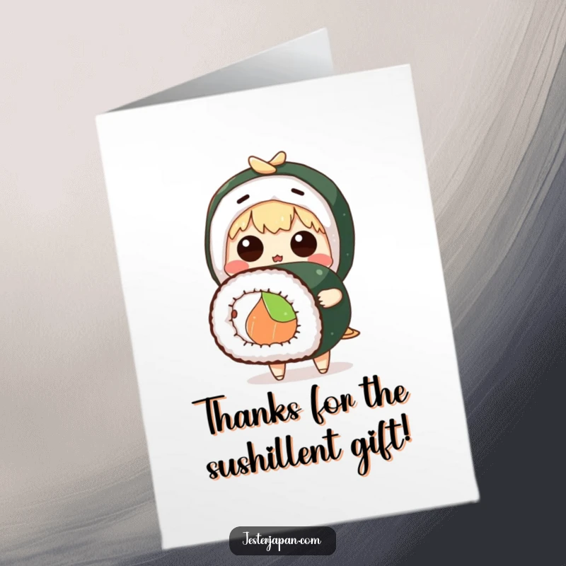 Funny Free Printable Thank You Card: Character shocked by a giant sushi roll, expressing thanks with humor.