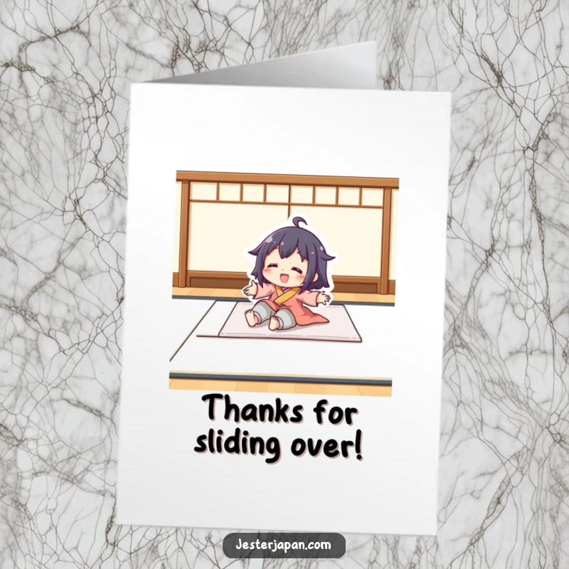 Funny Free Printable Thank You Card: Character playfully slides on a smooth tatami mat, exuding relaxation. A chill thank you.