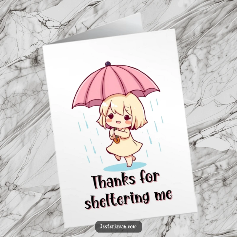 Funny Free Printable Thank You Card: Cute tiny character holding umbrella, dancing in playful rain, conveying thanks.