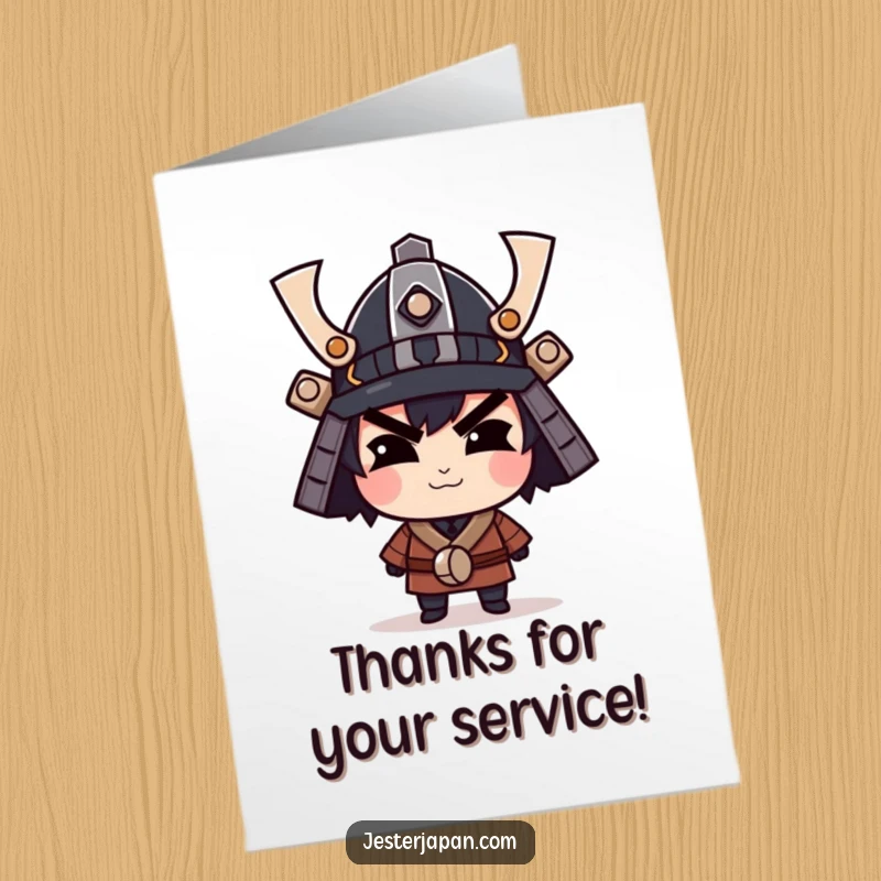 Funny Free Printable Thank You Card: A character smirking confidently in a tiny samurai helmet, offering thanks.