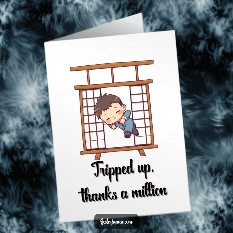 Funny Free Printable Thank You Card: Chibi character awkwardly tripping over a Shoji screen, creating a funny visual.