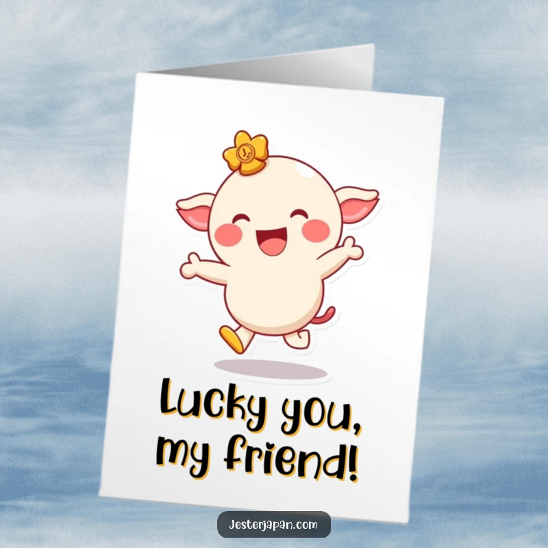 Funny Free Printable Thank You Card of a giggling lucky charm character hopping joyfully, radiating happiness and warmth.