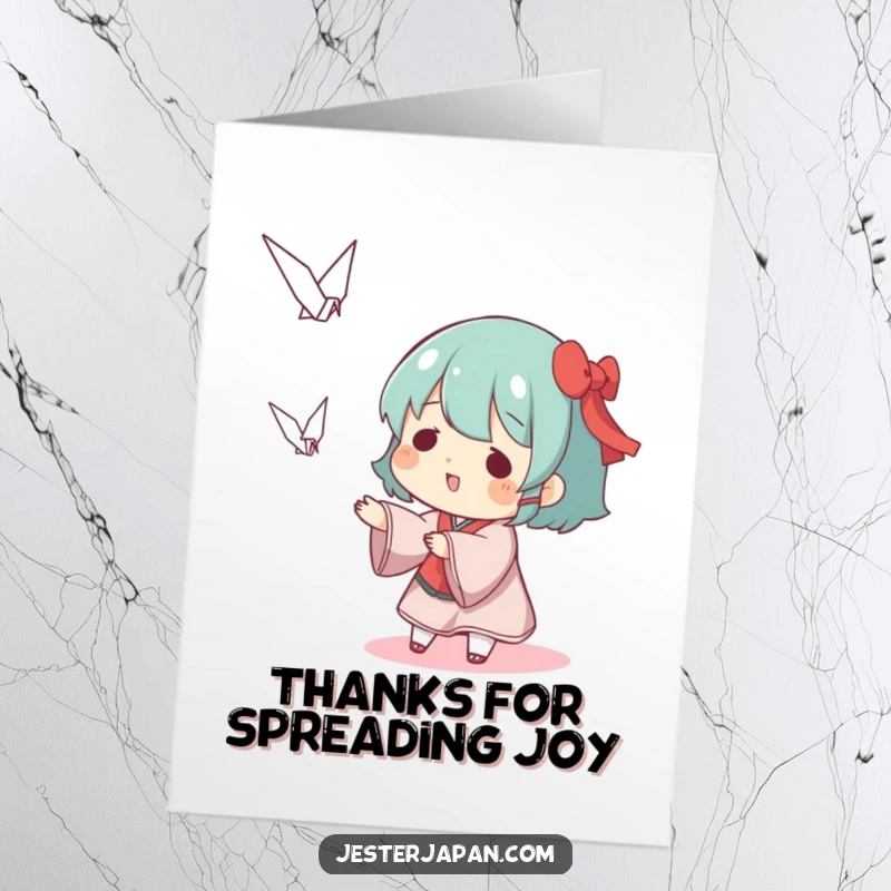 Funny free printable thank you card of a character playfully tossing a miniature origami crane. A whimsical way to say thanks.