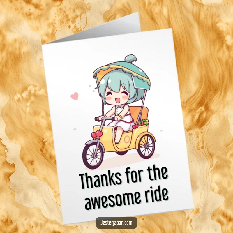 Funny free printable thank you card of a character happily riding a tiny, decorated rickshaw. A fun way to say thanks.