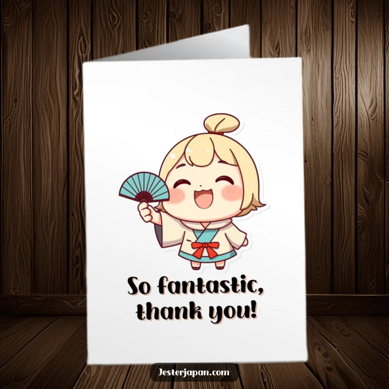 Funny Free Printable Thank You Card: Cute character with a wide grin excitedly waves a tiny Japanese fan, conveying sincere thanks.