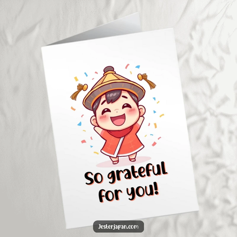 Funny Free Printable Thank You Card: Tiny character in traditional hat, joyfully scattering confetti in gratitude.